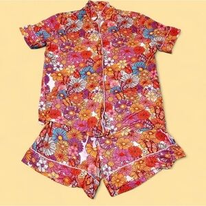 Posh Peanut Pink Bamboo Pajama Set Women’s Medium Retro Floral Butterflies Sleep
